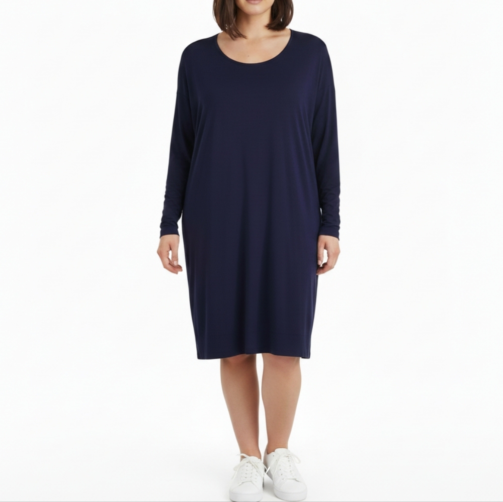 Eileen Fisher Lightweight Viscose Jersey Jewel‎ Neckline T-shirt Dress in Navy